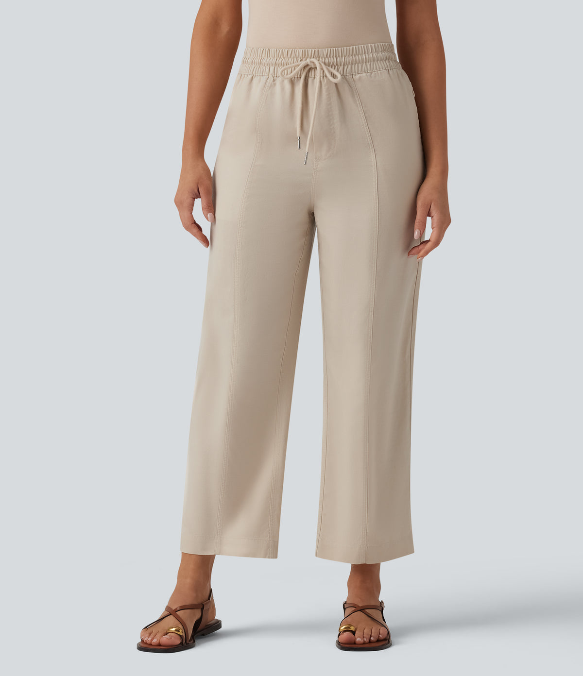 High Waisted Drawstring Tapered Draped Linen Casual Trousers with Pockets — French Oak — view 3