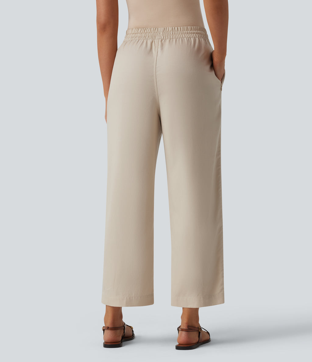 High Waisted Drawstring Tapered Draped Linen Casual Trousers with Pockets — French Oak — view 2