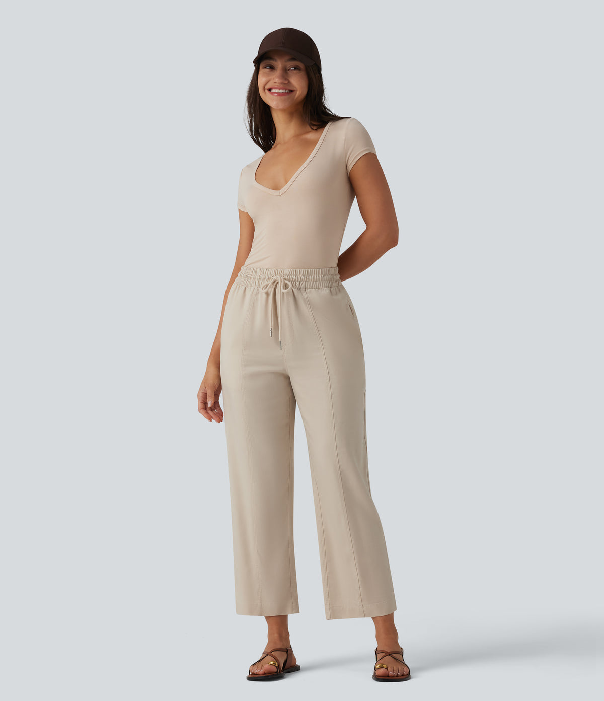 High Waisted Drawstring Tapered Draped Linen Casual Trousers with Pockets — French Oak — view 6