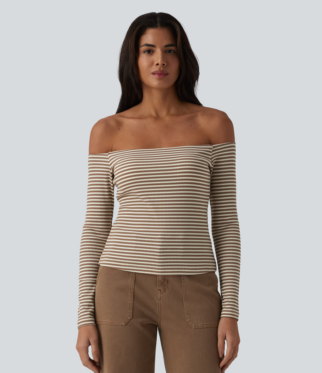 Ribbed Knit Off Shoulder Long Sleeve Stripe Built-in Bra Casual Top — Wood Stripe — view 4