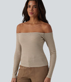 Ribbed Knit Off Shoulder Long Sleeve Stripe Built-in Bra Casual Top — Wood Stripe — view 5