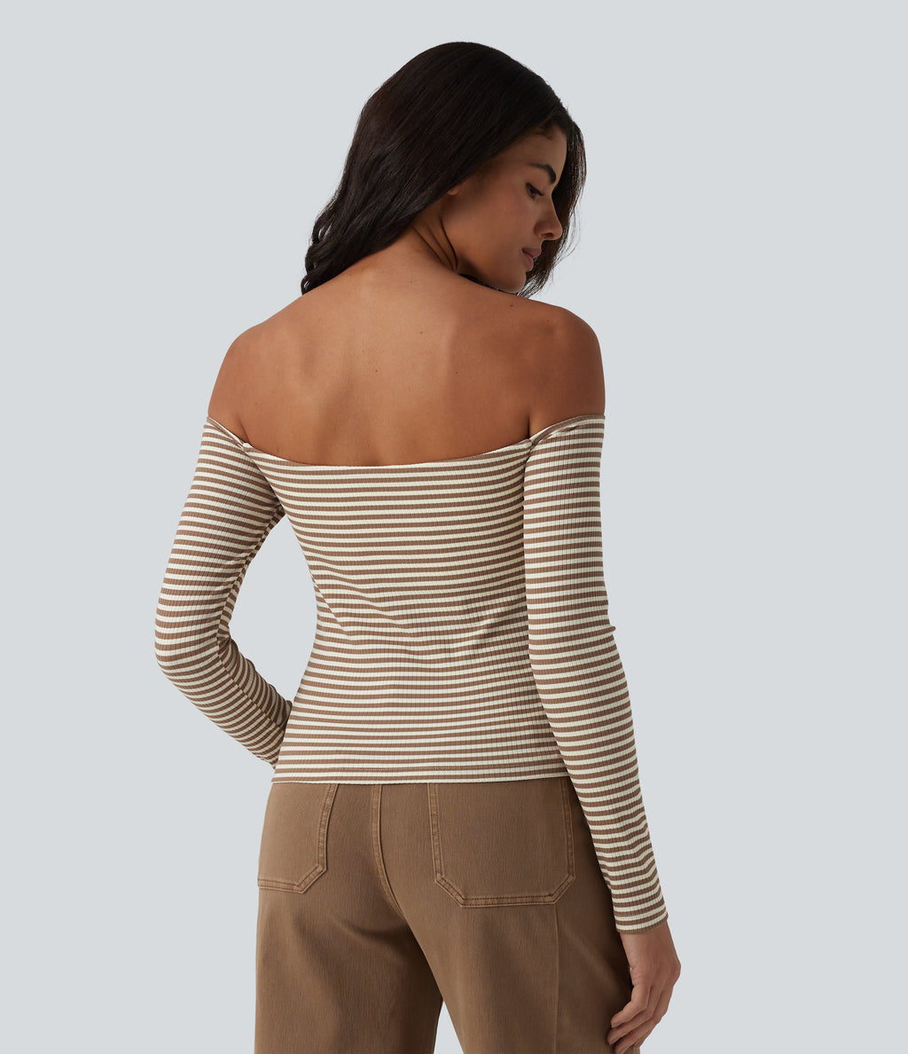 Ribbed Knit Off Shoulder Long Sleeve Stripe Built-in Bra Casual Top — Wood Stripe — view 2