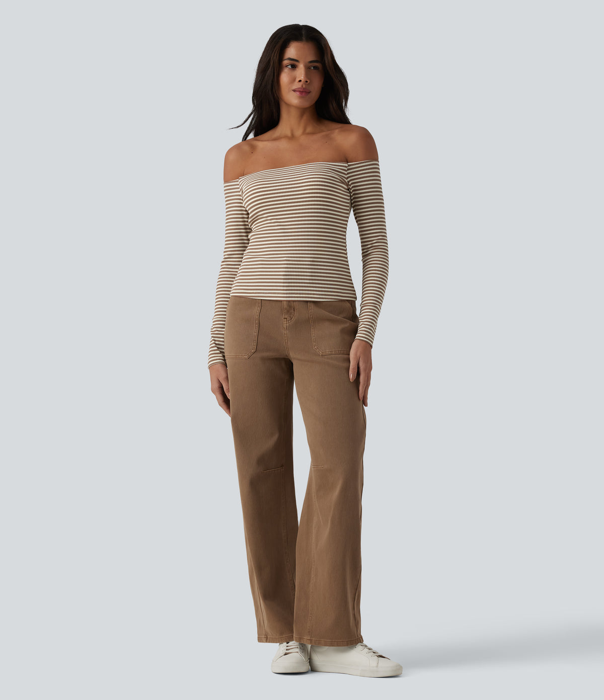 Ribbed Knit Off Shoulder Long Sleeve Stripe Built-in Bra Casual Top — Wood Stripe — view 6