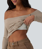 Ribbed Knit Off Shoulder Long Sleeve Stripe Built-in Bra Casual Top — Wood Stripe — view 1