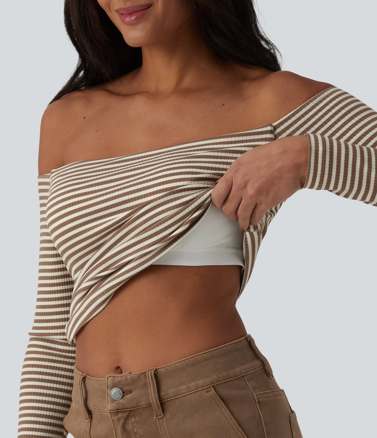 Ribbed Knit Off Shoulder Long Sleeve Stripe Built-in Bra Casual Top — Wood Stripe — view 1