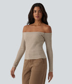 Ribbed Knit Off Shoulder Long Sleeve Stripe Built-in Bra Casual Top — Wood Stripe — view 3
