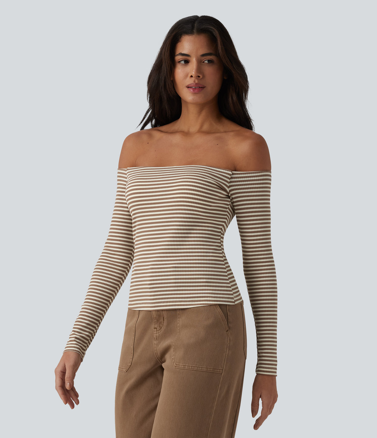 Ribbed Knit Off Shoulder Long Sleeve Stripe Built-in Bra Casual Top — Wood Stripe — view 3