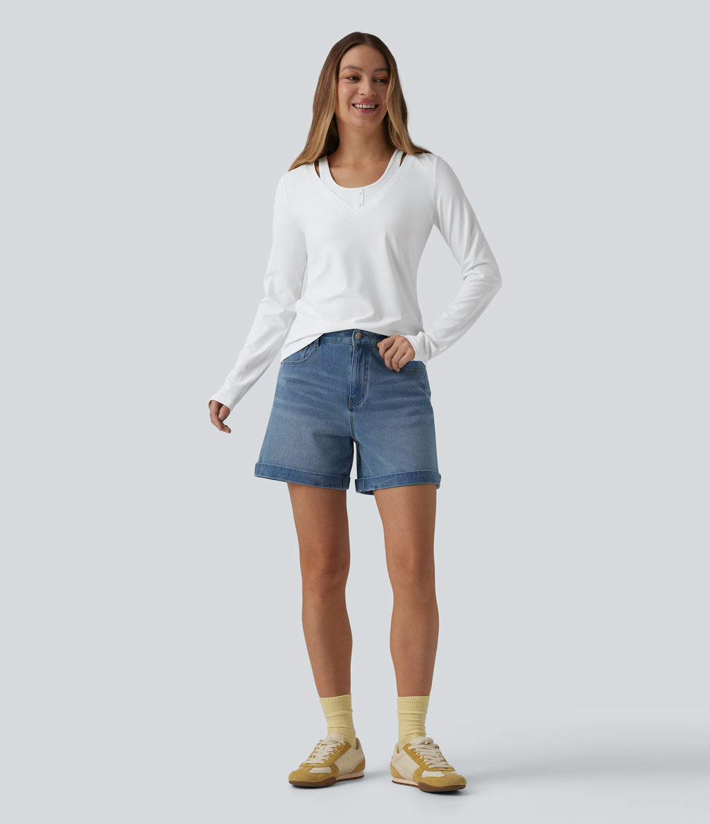 V Neck Long Sleeve 2-in-1 Casual T-Shirt — White — view 5