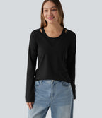 V Neck Long Sleeve 2-in-1 Casual T-Shirt — Black — view 6