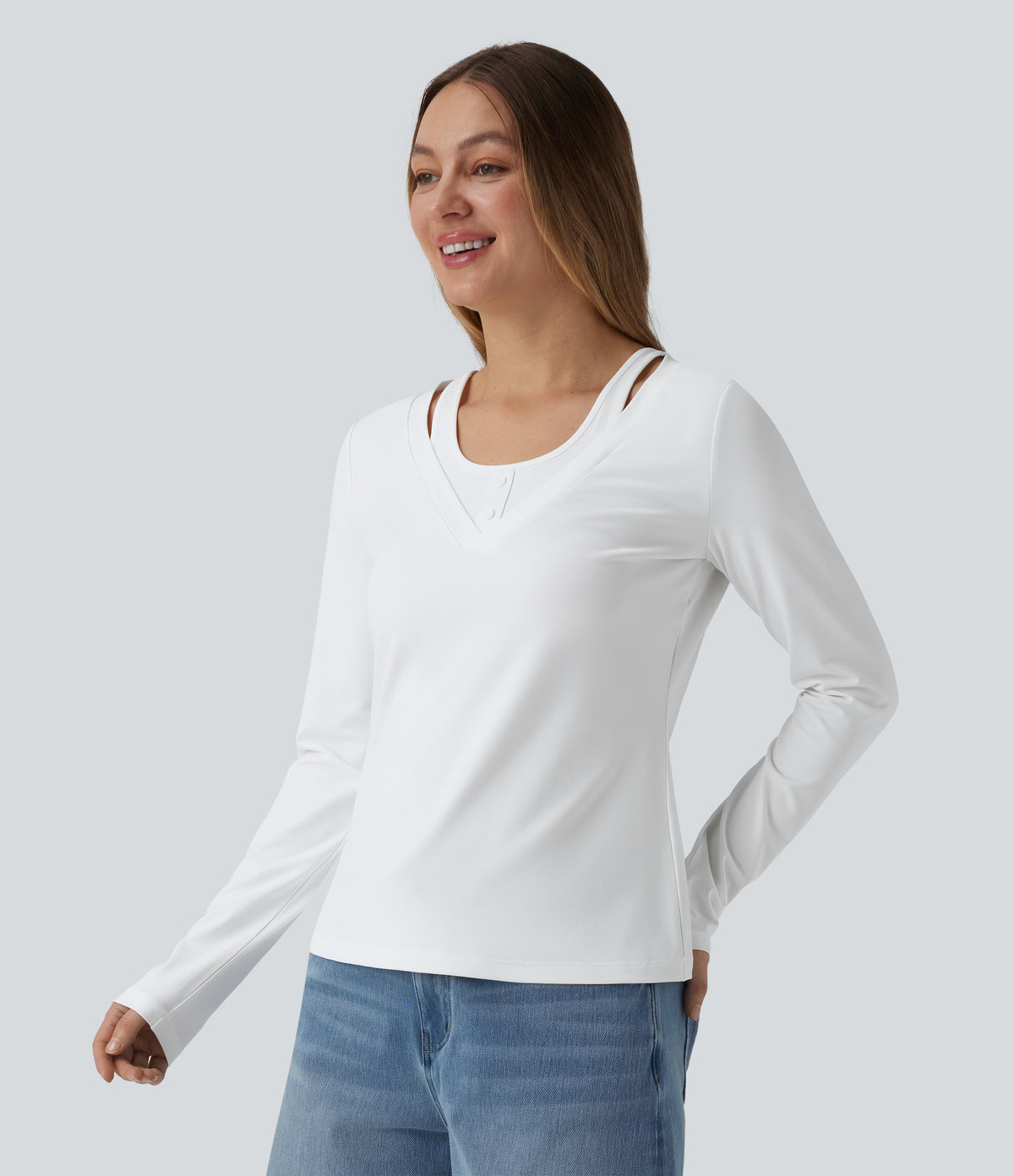V Neck Long Sleeve 2-in-1 Casual T-Shirt — White — view 3