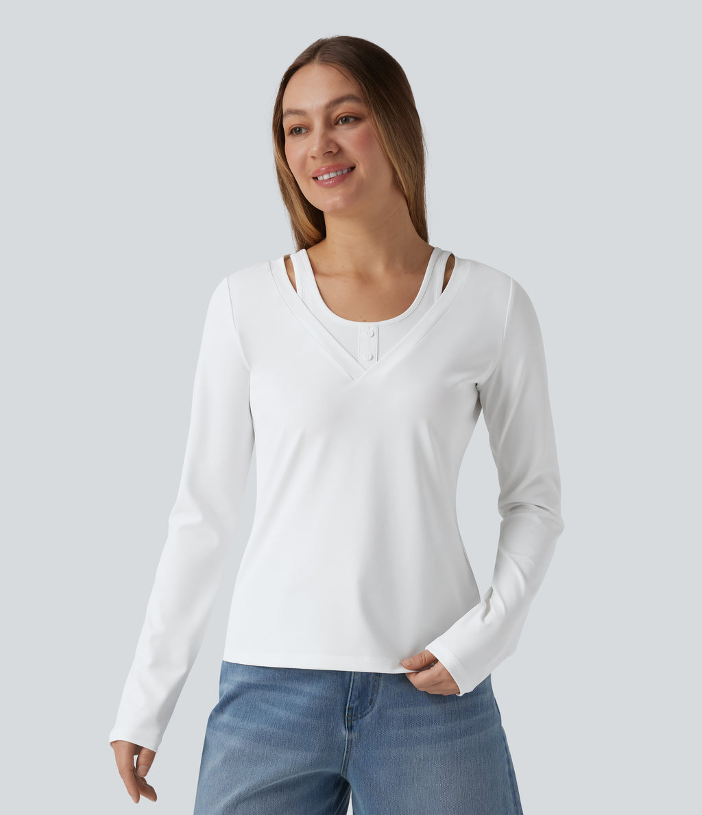 V Neck Long Sleeve 2-in-1 Casual T-Shirt — White — view 4