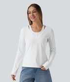 V Neck Long Sleeve 2-in-1 Casual T-Shirt — White — view 4