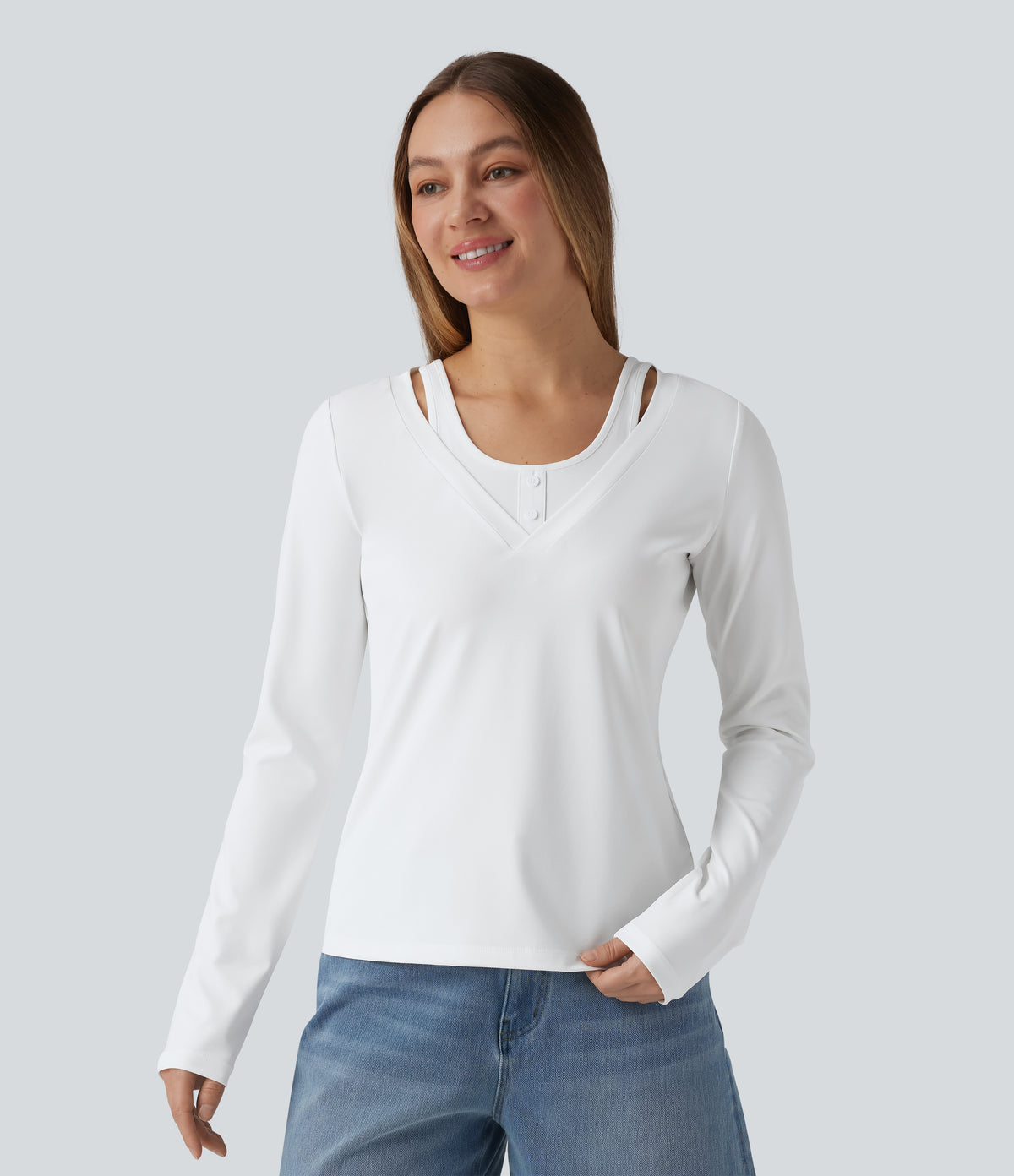V Neck Long Sleeve 2-in-1 Casual T-Shirt — White — view 4