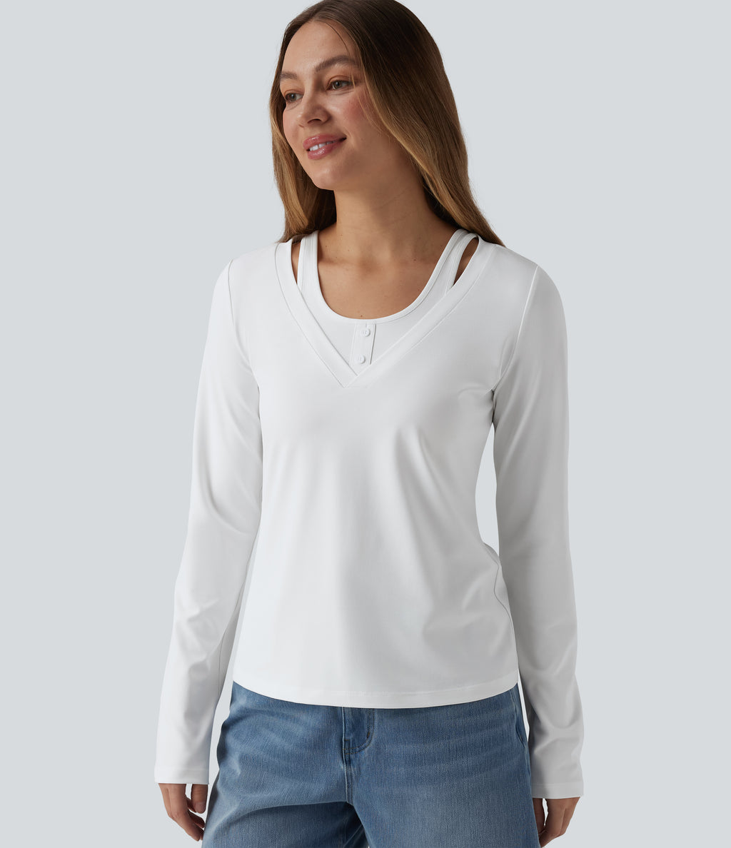 V Neck Long Sleeve 2-in-1 Casual T-Shirt — White — view 1