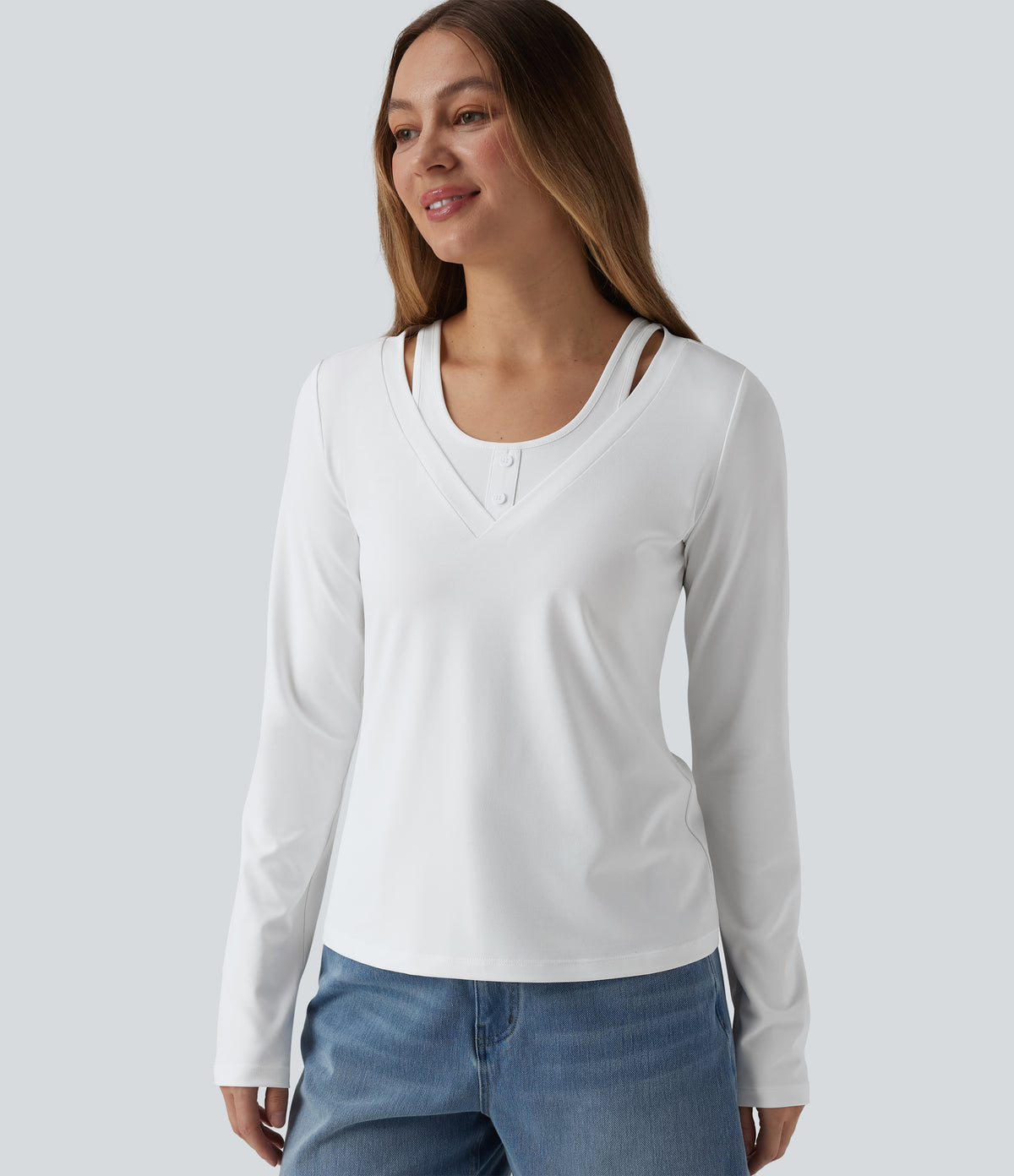 V Neck Long Sleeve 2-in-1 Casual T-Shirt — White — view 1