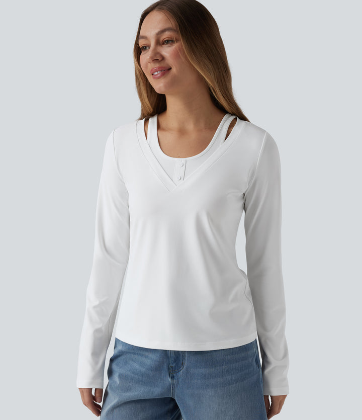 V Neck Long Sleeve 2-in-1 Casual T-Shirt — White — view 1