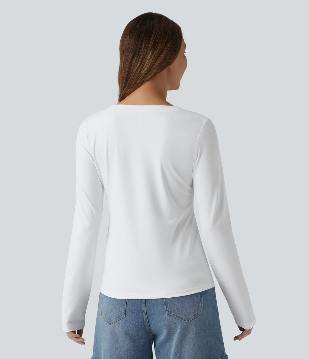 V Neck Long Sleeve 2-in-1 Casual T-Shirt — White — view 2