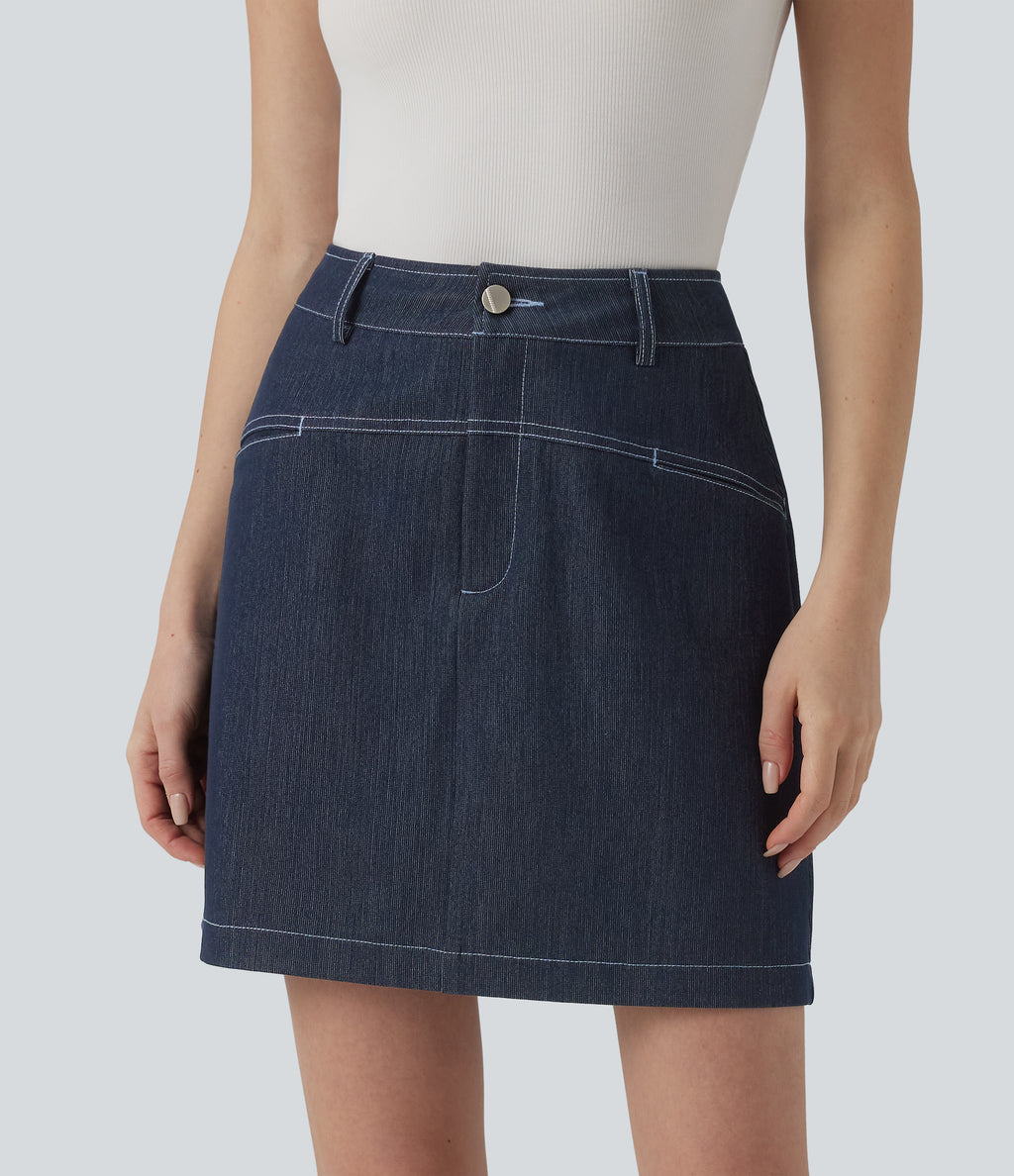 High Waisted Mini 2-in-1 Denim-Like Casual A-line Skirt with Pockets — Washed Denim Deep Sea Blue — view 5