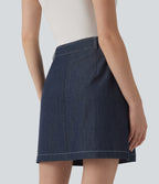 High Waisted Mini 2-in-1 Denim-Like Casual A-line Skirt with Pockets — Washed Denim Deep Sea Blue — view 6