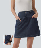 High Waisted Mini 2-in-1 Denim-Like Casual A-line Skirt with Pockets — Washed Denim Deep Sea Blue — view 1