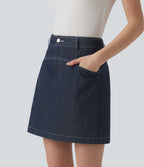 High Waisted Mini 2-in-1 Denim-Like Casual A-line Skirt with Pockets — Washed Denim Deep Sea Blue — view 3