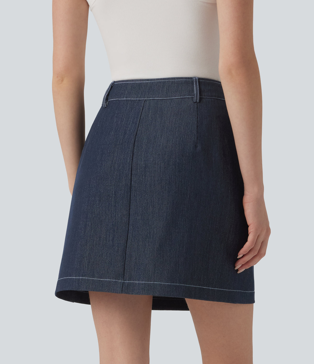 High Waisted Mini 2-in-1 Denim-Like Casual A-line Skirt with Pockets — Washed Denim Deep Sea Blue — view 2