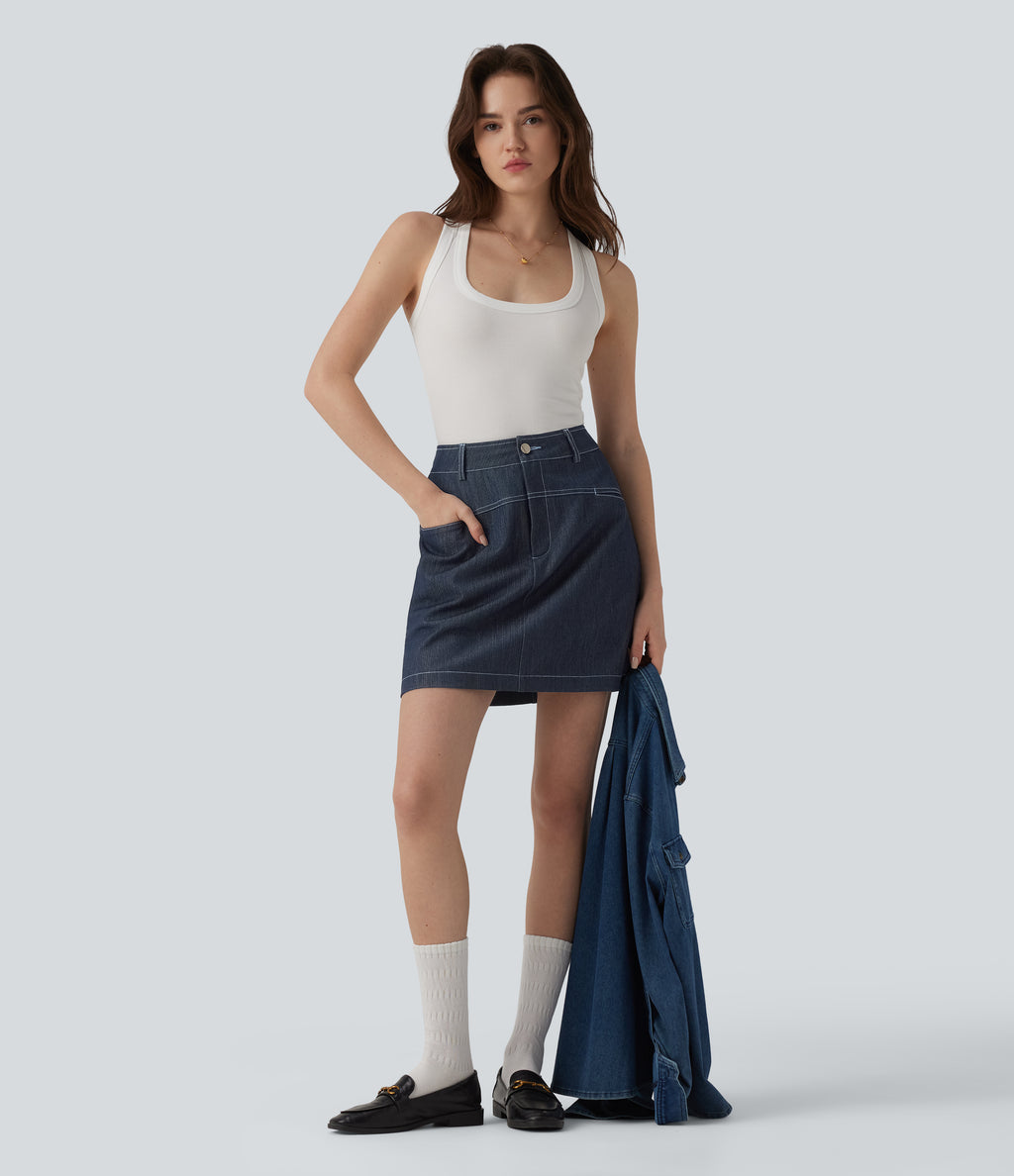 High Waisted Mini 2-in-1 Denim-Like Casual A-line Skirt with Pockets — Washed Denim Deep Sea Blue — view 7