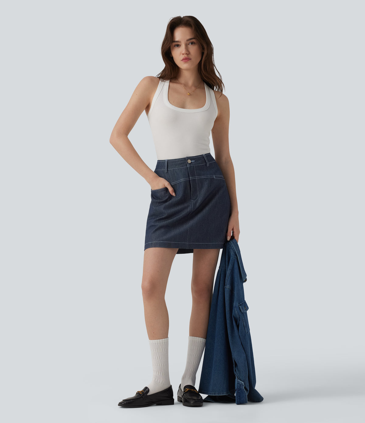 High Waisted Mini 2-in-1 Denim-Like Casual A-line Skirt with Pockets — Washed Denim Deep Sea Blue — view 7