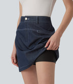 High Waisted Mini 2-in-1 Denim-Like Casual A-line Skirt with Pockets — Washed Denim Deep Sea Blue — view 4