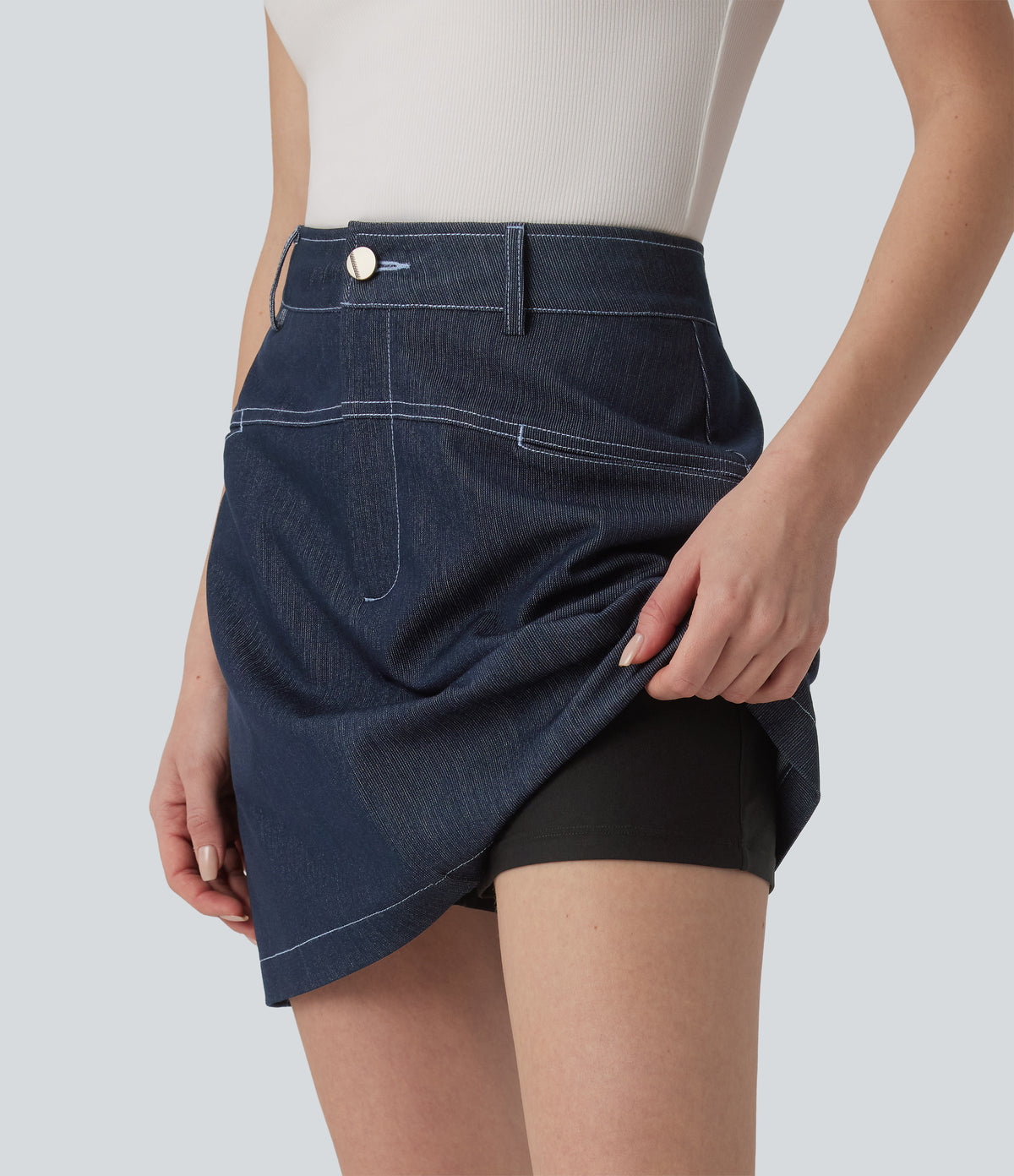 High Waisted Mini 2-in-1 Denim-Like Casual A-line Skirt with Pockets — Washed Denim Deep Sea Blue — view 4