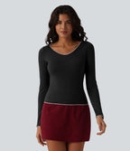 HeatCore V-neck Long Sleeve Contrast Tipping Casual Warming Top — Black — view 4