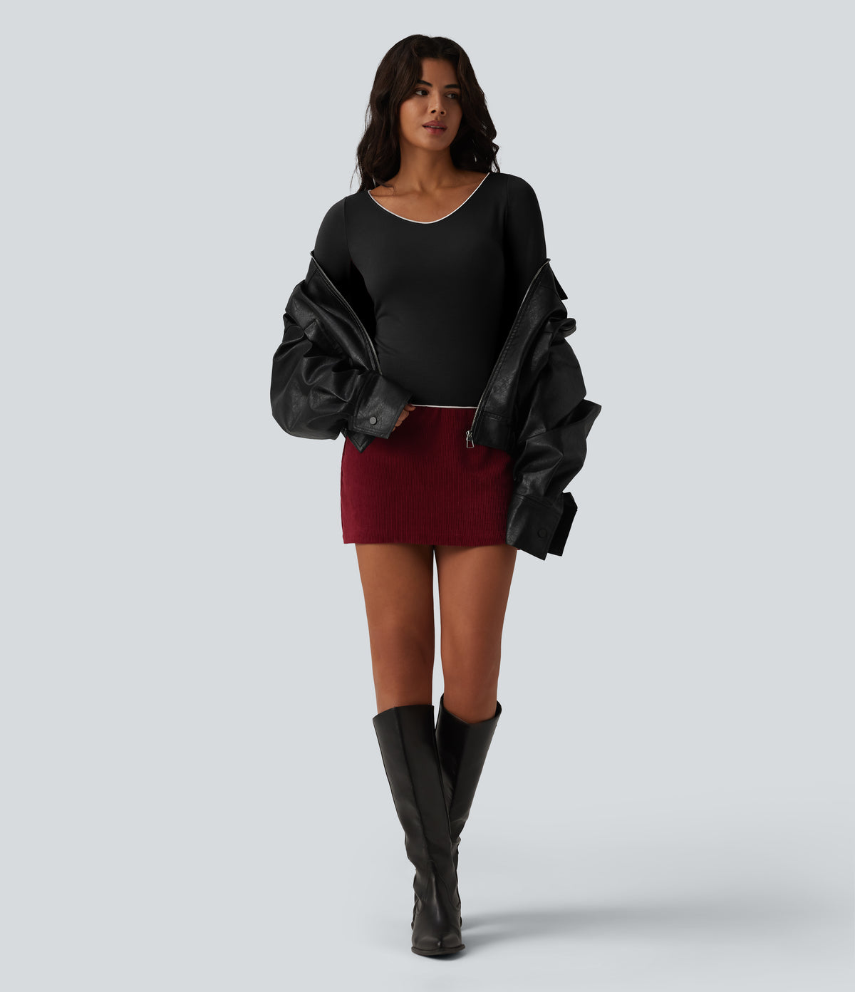 HeatCore V-neck Long Sleeve Contrast Tipping Casual Warming Top — Black — view 6