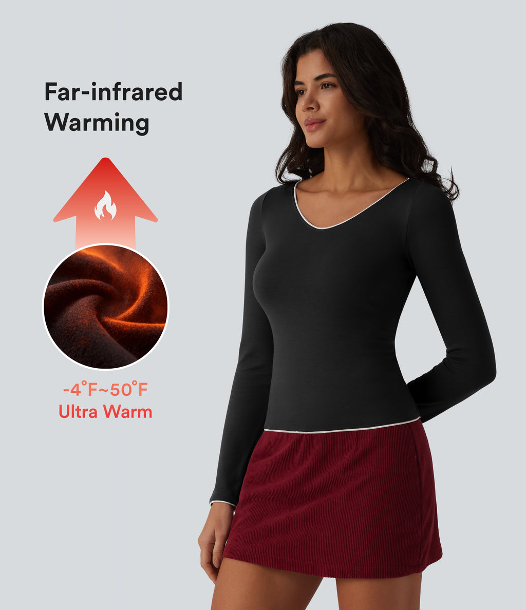HeatCore V-neck Long Sleeve Contrast Tipping Casual Warming Top — Black — view 1