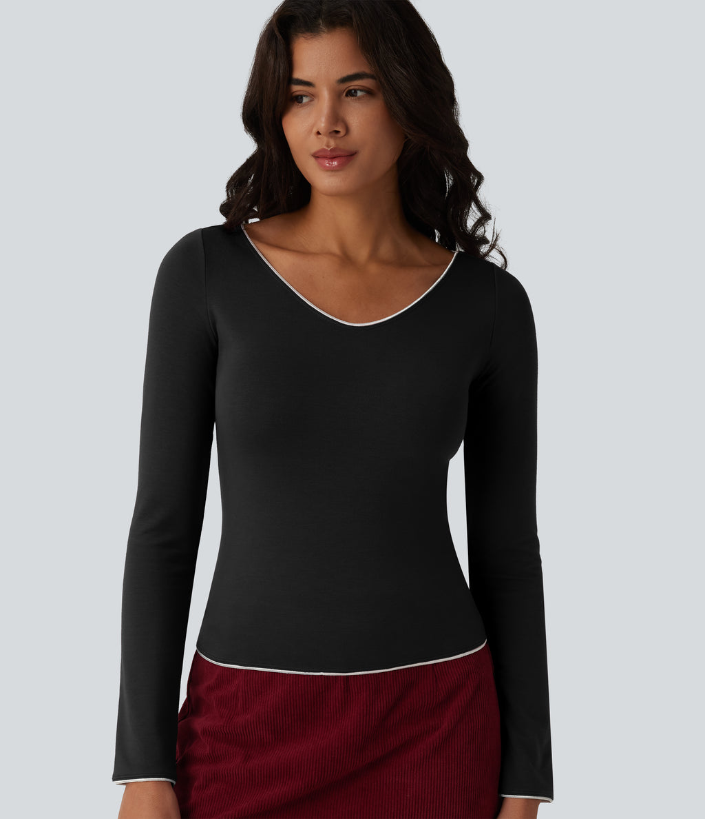 HeatCore V-neck Long Sleeve Contrast Tipping Casual Warming Top — Black — view 5