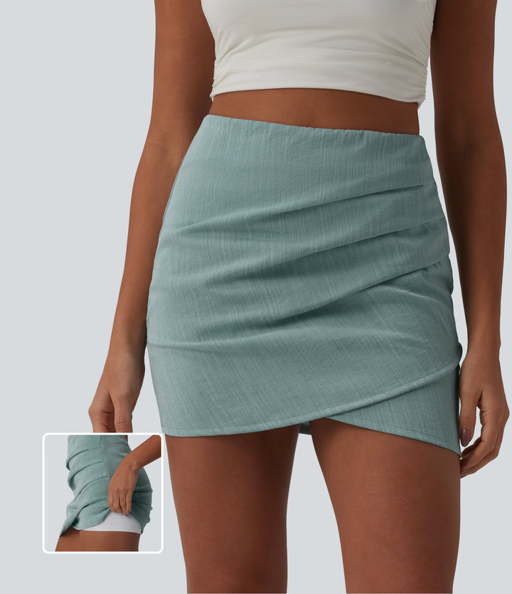 High Waisted Invisible Zipper Ruched Crossover Hem 2-in-1 Bodycon Mini Casual Linen-Feel Skirt — Silverwood Sage — view 1