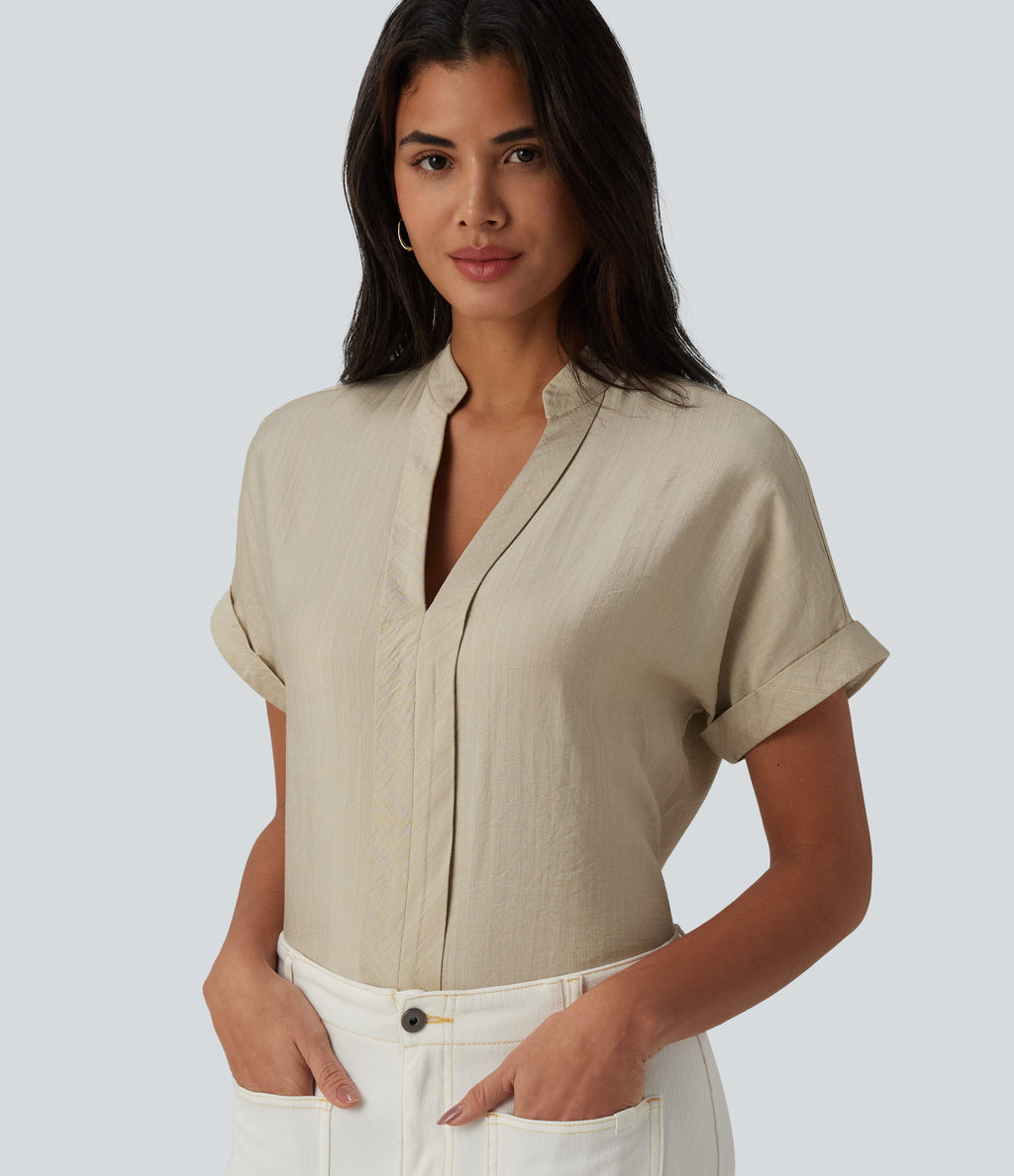V Neck Short Sleeve Linen-Feel Work Shirt — White Asparagus — view 1