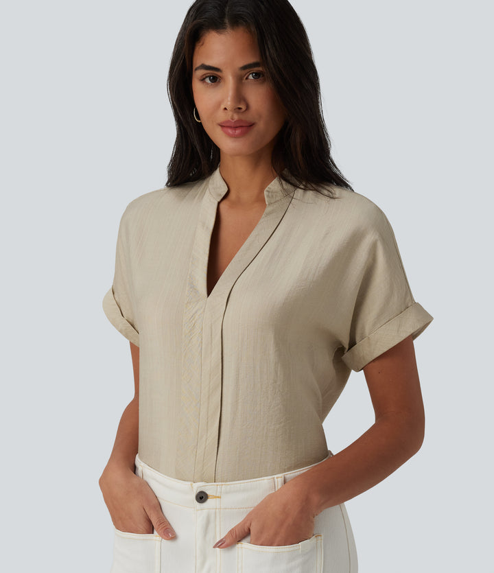 V Neck Short Sleeve Linen-Feel Work Shirt — White Asparagus — view 1