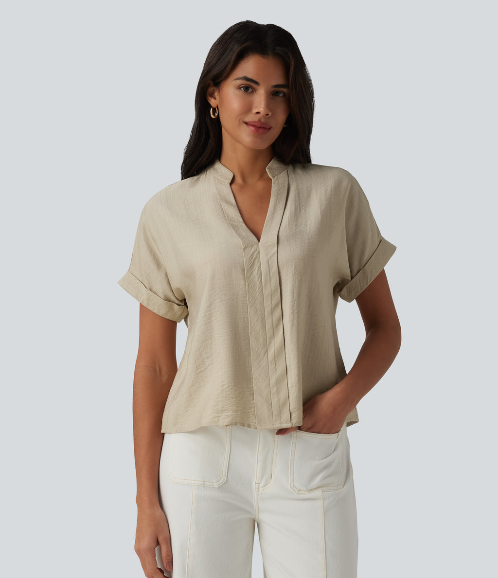 V Neck Short Sleeve Linen-Feel Work Shirt — White Asparagus — view 5