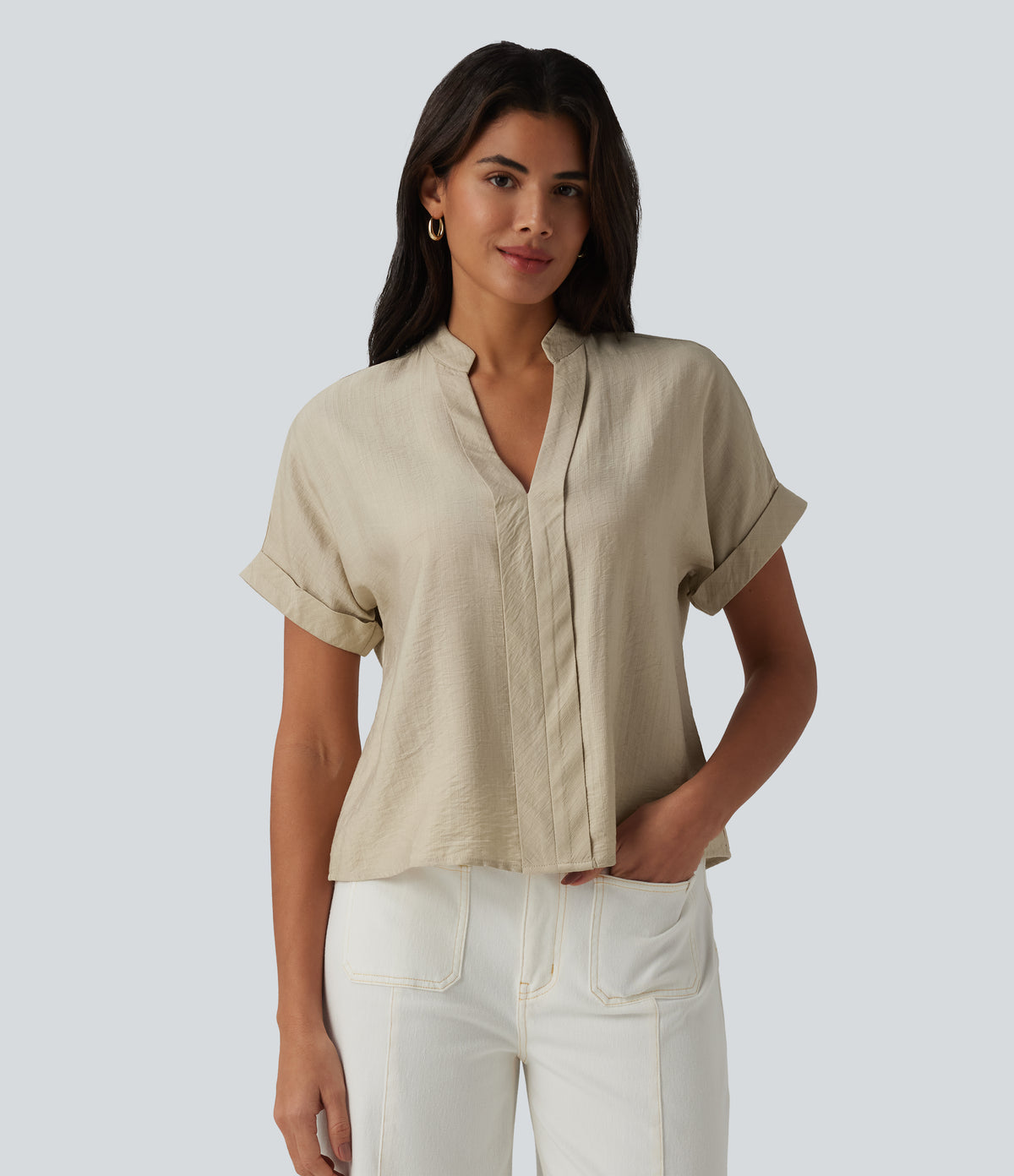 V Neck Short Sleeve Linen-Feel Work Shirt — White Asparagus — view 5