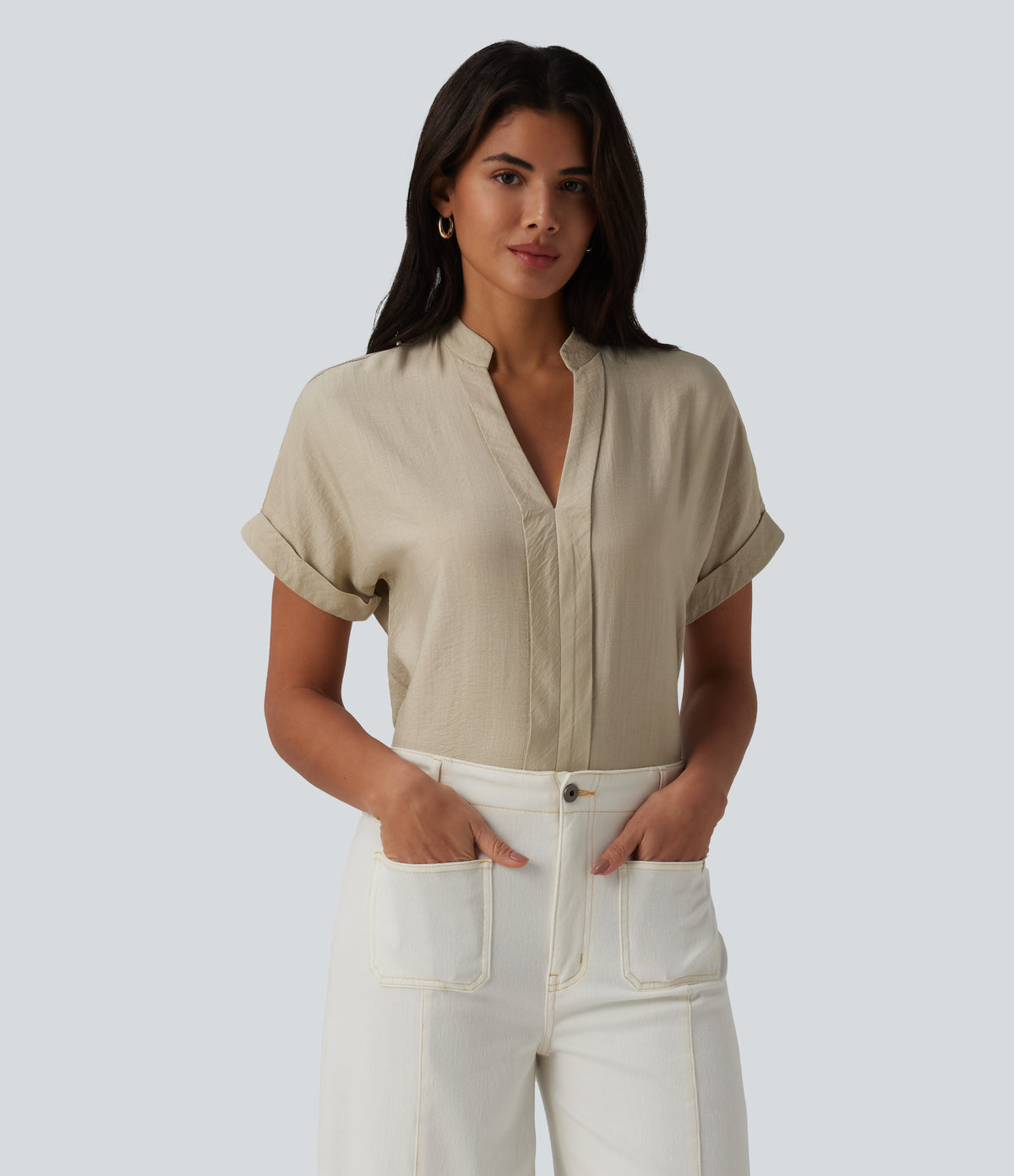 V Neck Short Sleeve Linen-Feel Work Shirt — White Asparagus — view 4
