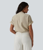 V Neck Short Sleeve Linen-Feel Work Shirt — White Asparagus — view 2
