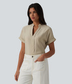 V Neck Short Sleeve Linen-Feel Work Shirt — White Asparagus — view 3