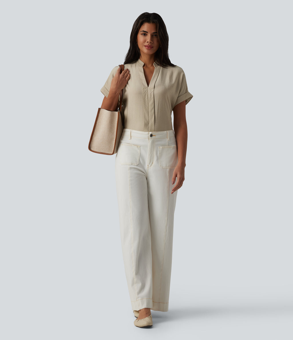 V Neck Short Sleeve Linen-Feel Work Shirt — White Asparagus — view 6