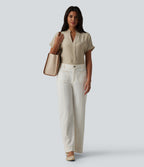 V Neck Short Sleeve Linen-Feel Work Shirt — White Asparagus — view 6