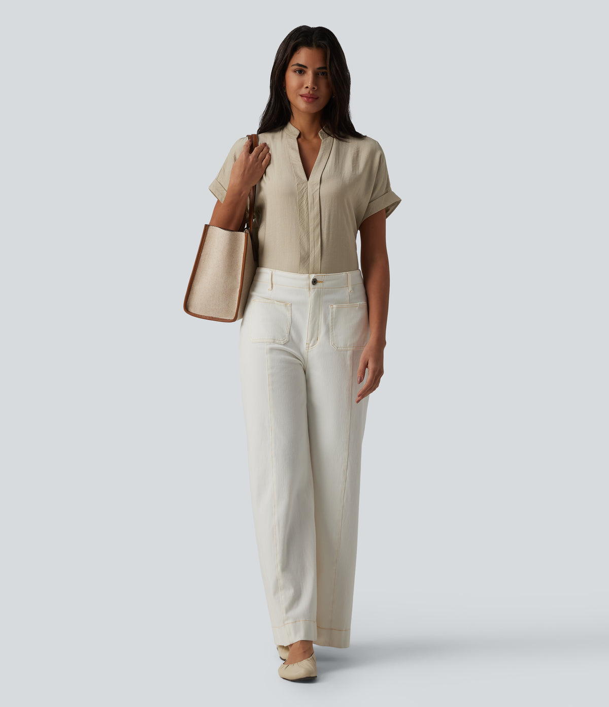 V Neck Short Sleeve Linen-Feel Work Shirt — White Asparagus — view 6
