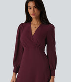 V-neck Puff Long Sleeve Midi Casual Dress — Zinfandel - Wine Red — view 4