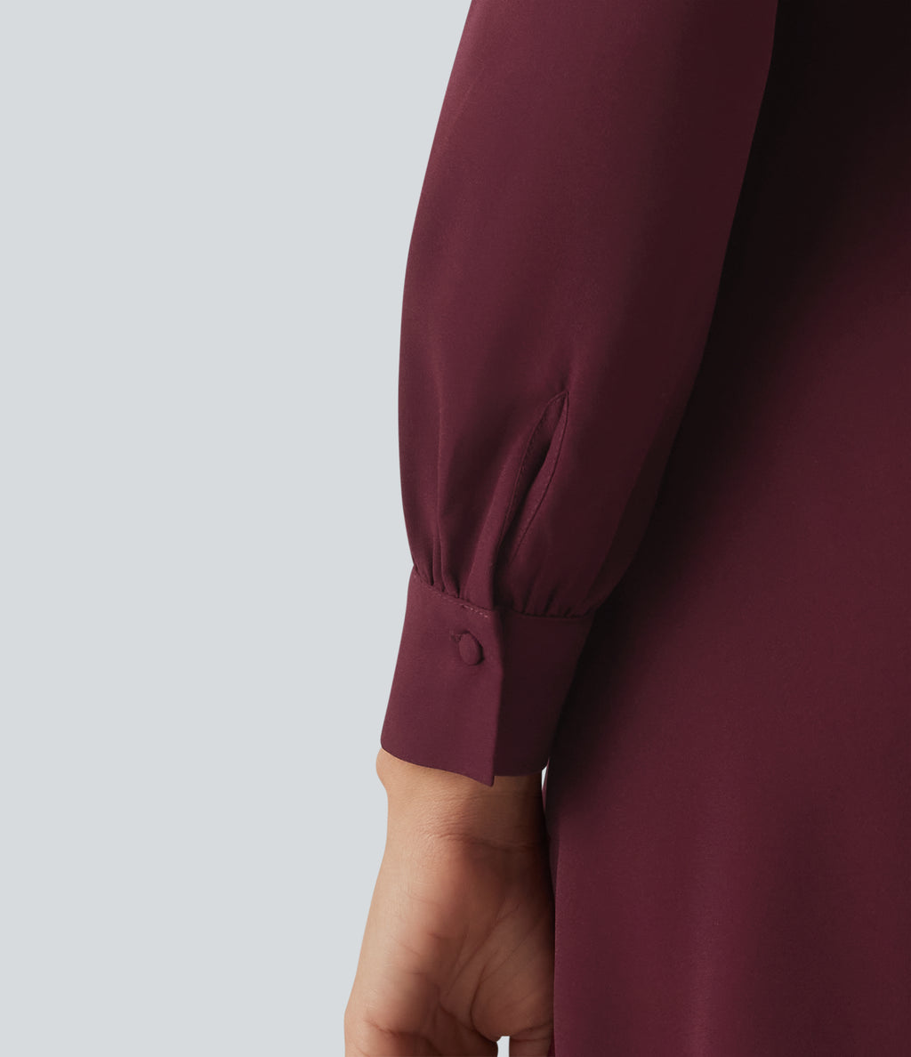 V-neck Puff Long Sleeve Midi Casual Dress — Zinfandel - Wine Red — view 5