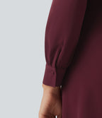 V-neck Puff Long Sleeve Midi Casual Dress — Zinfandel - Wine Red — view 5