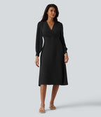 V-neck Puff Long Sleeve Midi Casual Dress — Black — view 6