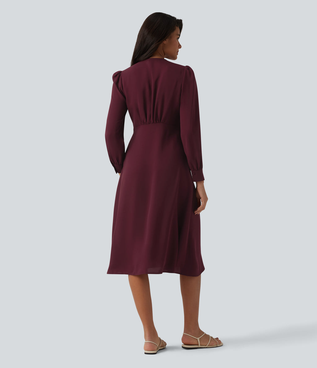 V-neck Puff Long Sleeve Midi Casual Dress — Zinfandel - Wine Red — view 2